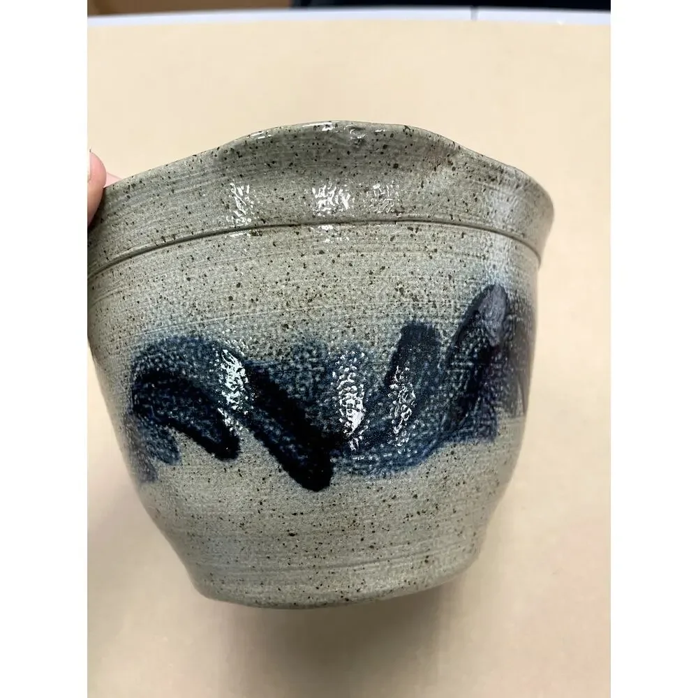 Salt City Pottery 1997 Handmade Stoneware BatterBowl Cobalt Blue Salt Glaze Grey